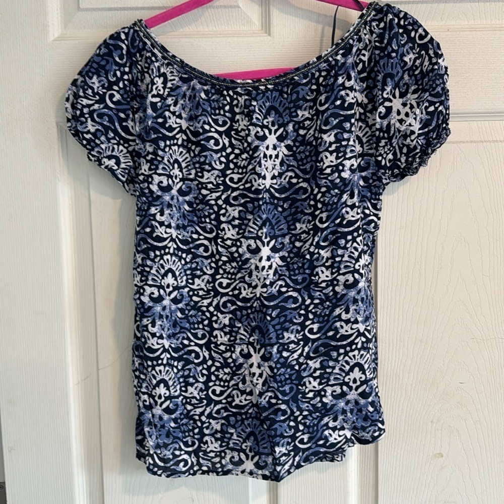 Lucky Brand Navy White Paisley Beaded Neckline Cotton Blouse XS Short Sleeve - Picture 3 of 16